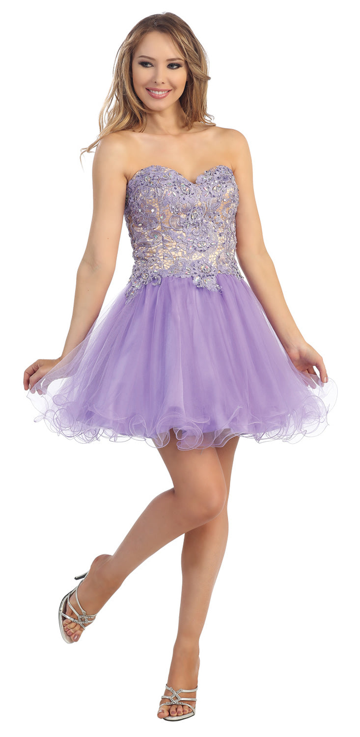 Image of Strapless Floral Lace Bust Tulle Short Party Prom Dress in Lavender/Nude