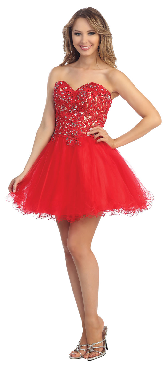 Image of Strapless Floral Lace Bust Tulle Short Party Prom Dress in Red/Nude
