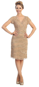 Image of V-neck Short Sleeves Short Formal Party Dress In Lace in Taupe