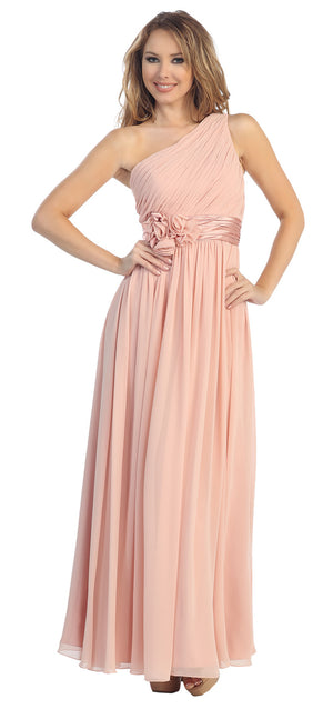 Image of One Shoulder Floral Accent Formal Bridesmaid Dress in Blush