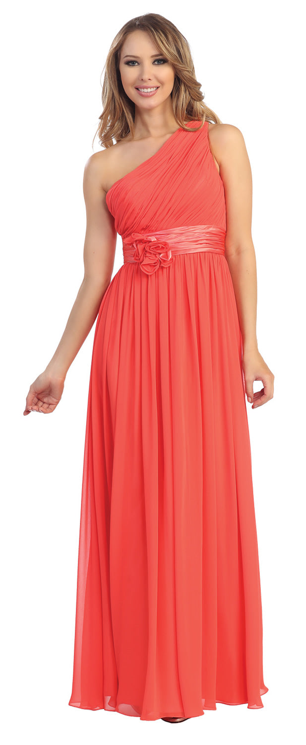 Image of One Shoulder Floral Accent Formal Bridesmaid Dress in Coral