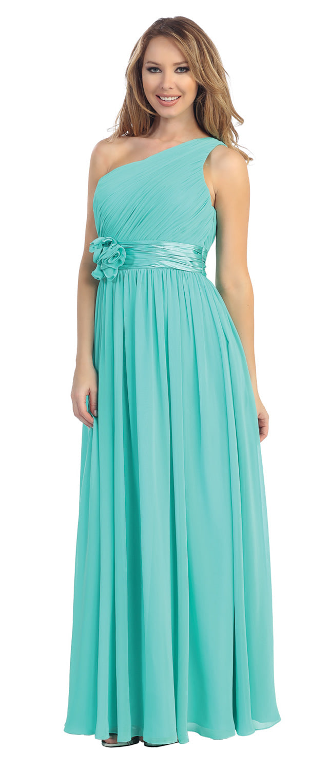 Image of One Shoulder Floral Accent Formal Bridesmaid Dress in Jade Green