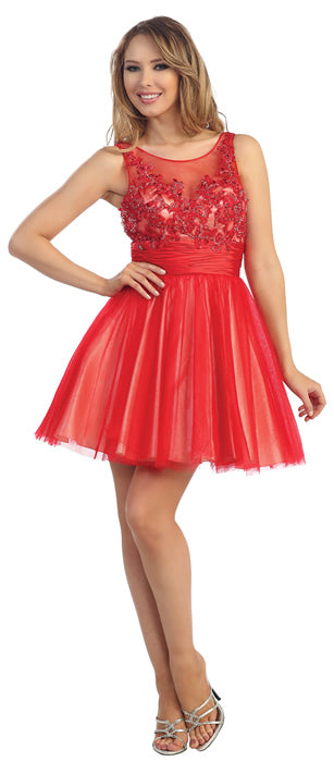 Image of Floral Beaded Bust Tulle Short Formal Prom Dress  in Red/Nude