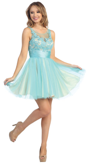Image of Floral Beaded Bust Tulle Short Formal Prom Dress  in Turquoise/Nude