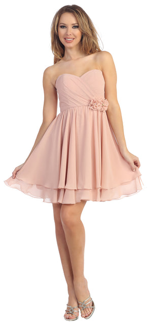 Image of Strapless Overlap Bust Floral Accent Short Party Dress in Blush
