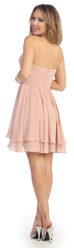 Image of Strapless Overlap Bust Floral Accent Short Party Dress back in Blush