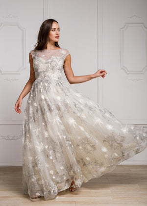 Image of Floral & Embroidered Full Length Prom Gown in Silver
