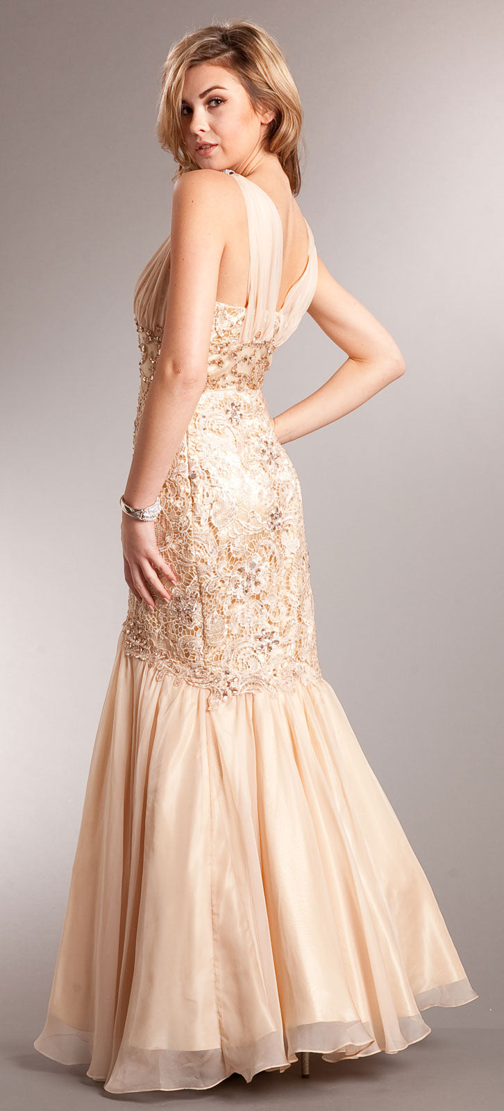 Back image of Bejeweled Lace Bodice Mermaid Skirt Long Formal Prom Gown