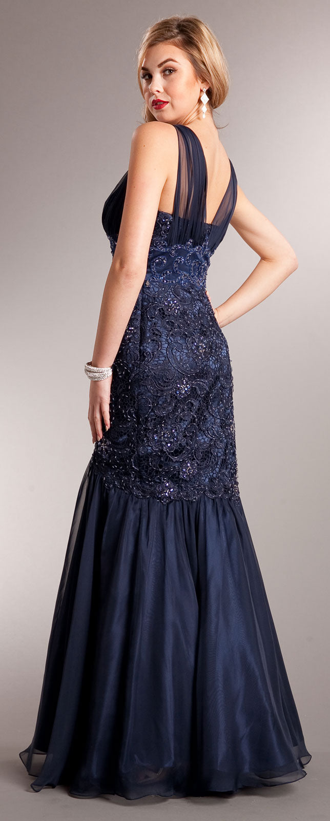 Image of Bejeweled Lace Bodice Mermaid Skirt Long Formal Prom Gown back in Navy