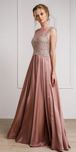 Main image of Embellished Sheer Top Long Prom Pageant Satin Dress