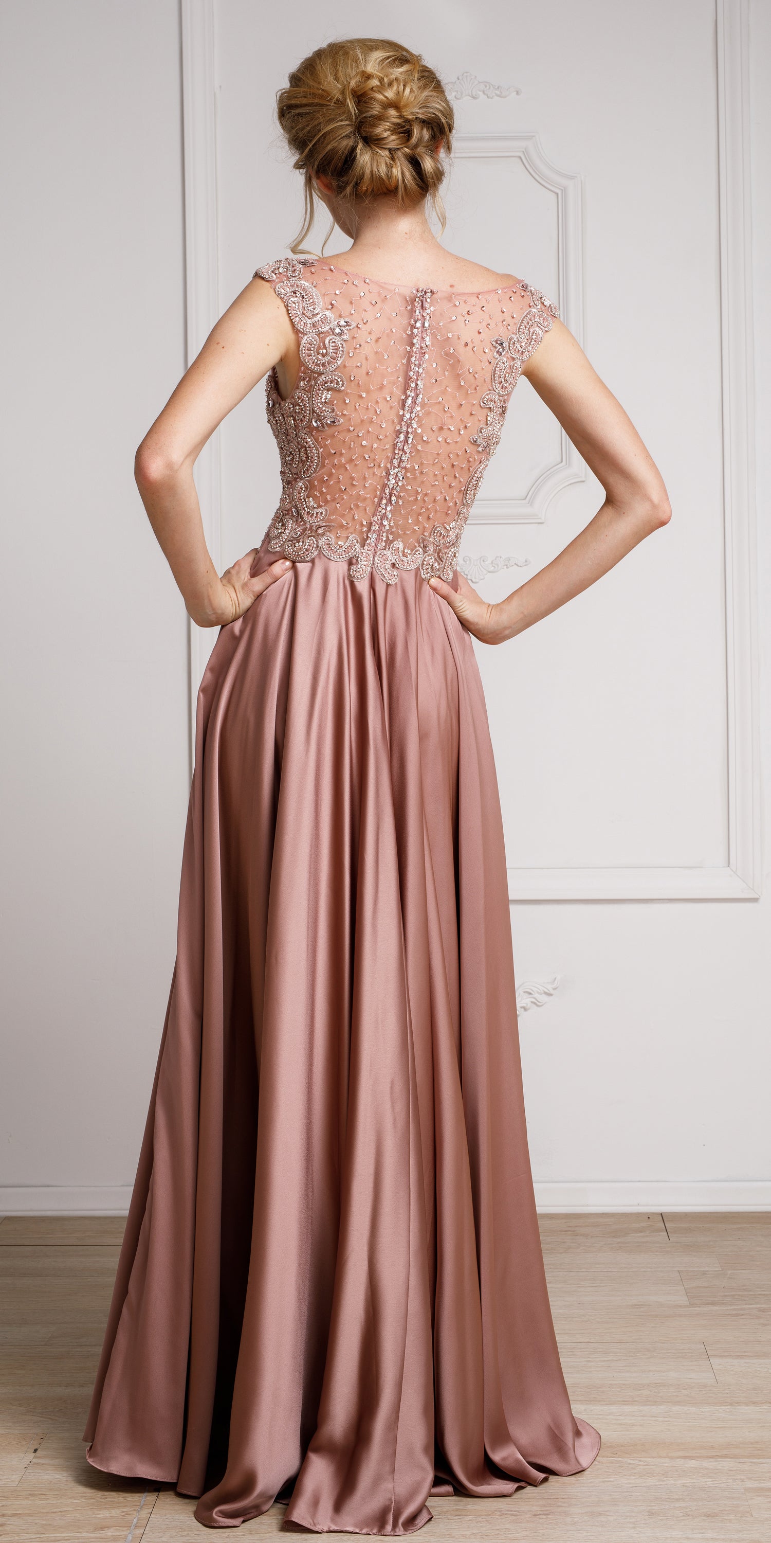 Back image of Embellished Sheer Top Long Prom Pageant Satin Dress