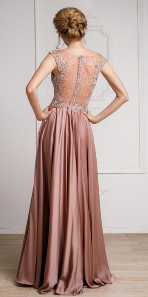 Back image of Embellished Sheer Top Long Prom Pageant Satin Dress