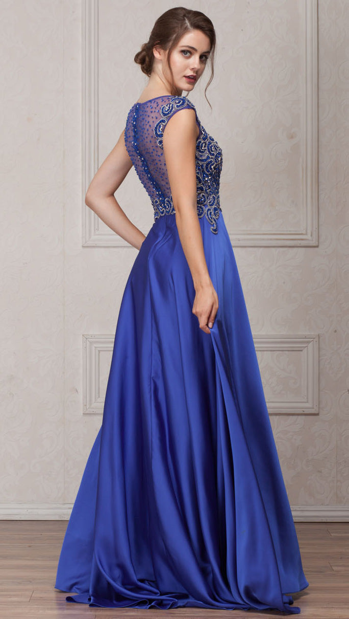 Image of Embellished Sheer Top Long Prom Pageant Satin Dress back in Royal Blue