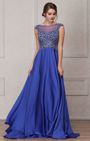 Image of Embellished Sheer Top Long Prom Pageant Satin Dress in Royal Blue