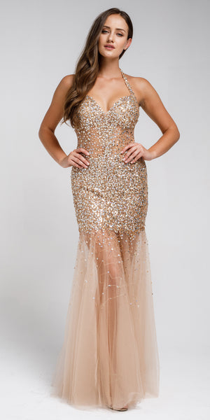 Image of Long Embellished Halter Tulle Prom Dress in Gold