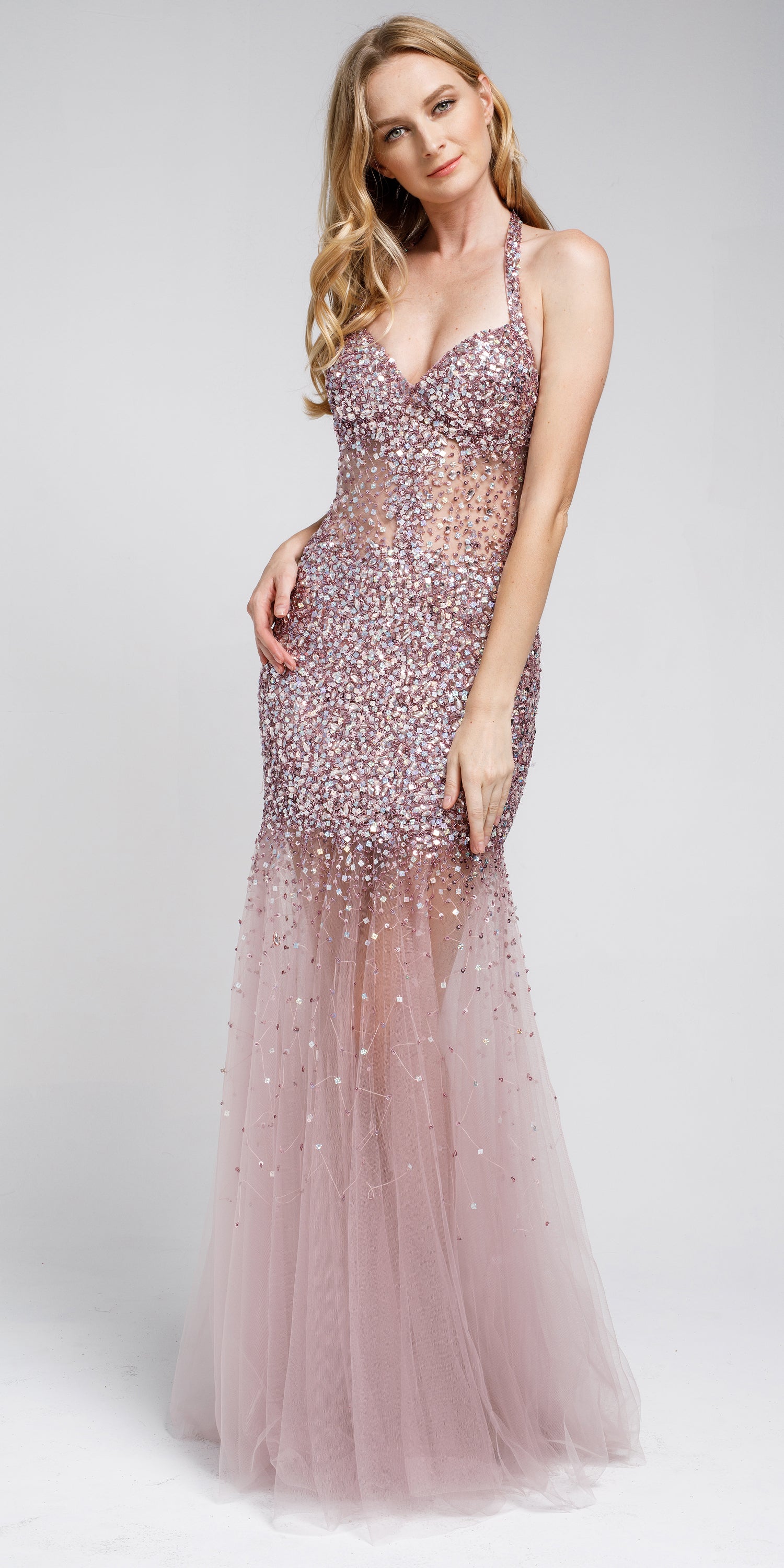 Image of Long Embellished Halter Tulle Prom Dress in Rose