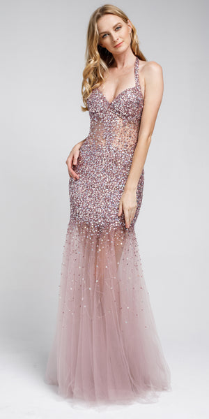 Image of Long Embellished Halter Tulle Prom Dress in Rose