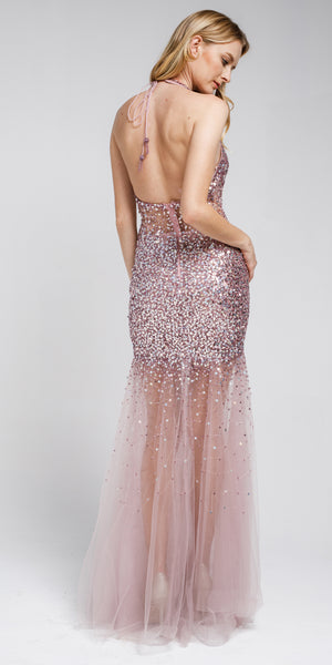 Image of Long Embellished Halter Tulle Prom Dress back in Rose