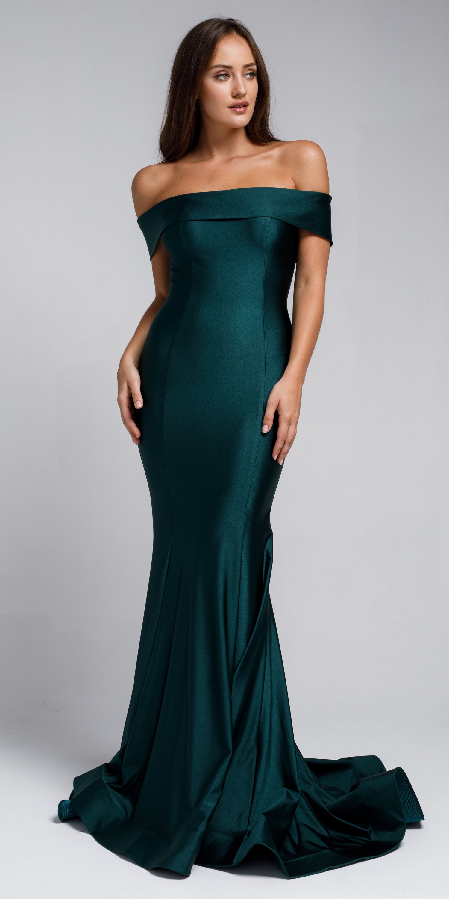 Image of Off Shoulder Fitted Prom Gown in an alternative image