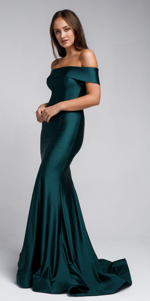 Image of Off Shoulder Fitted Prom Gown in Green