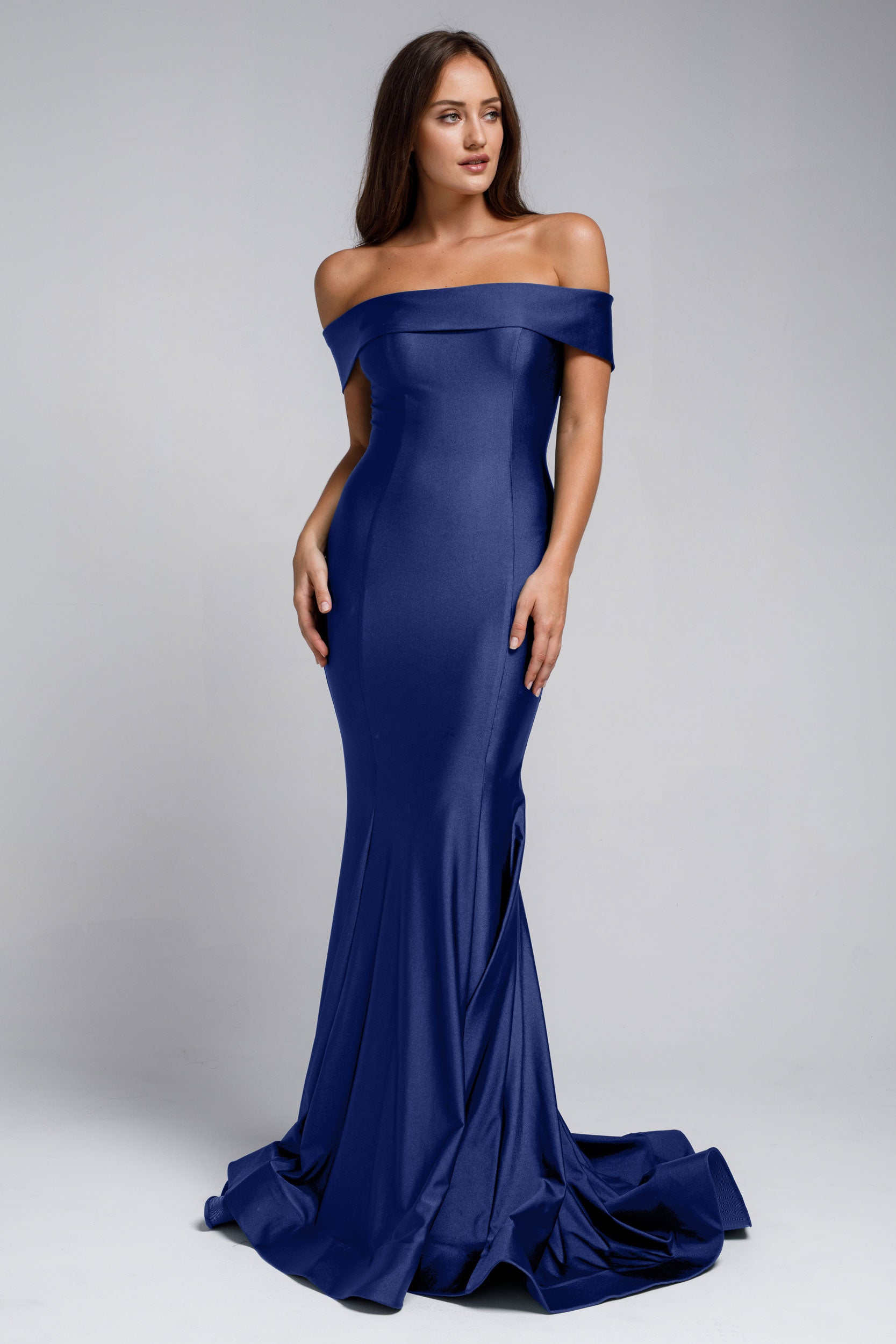 Image of Off Shoulder Fitted Prom Gown in Navy