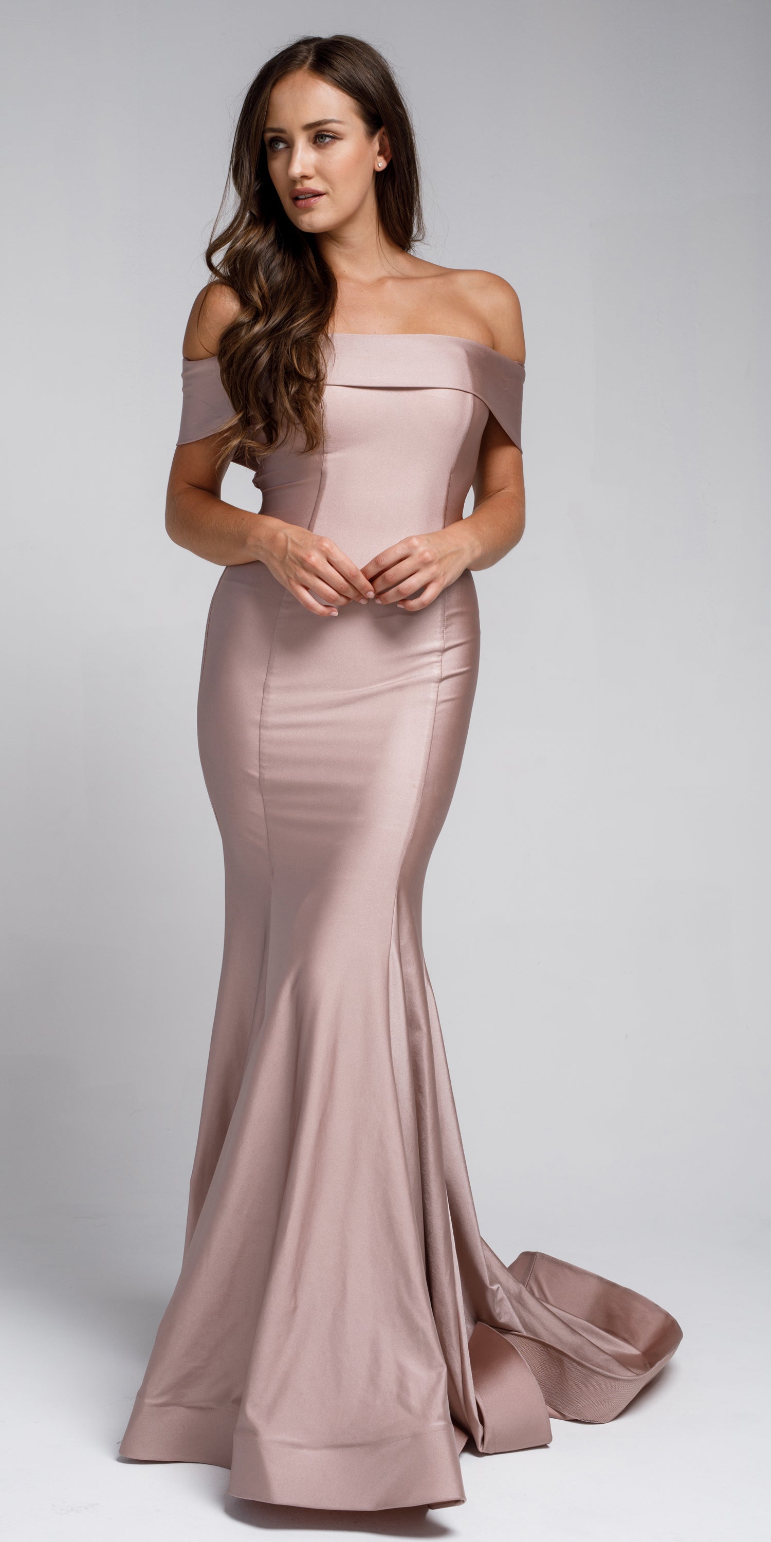 Image of Off Shoulder Fitted Prom Gown in Rose