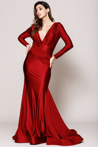 Main image of V Neck Rouched Formal Dress With Long Sleeves