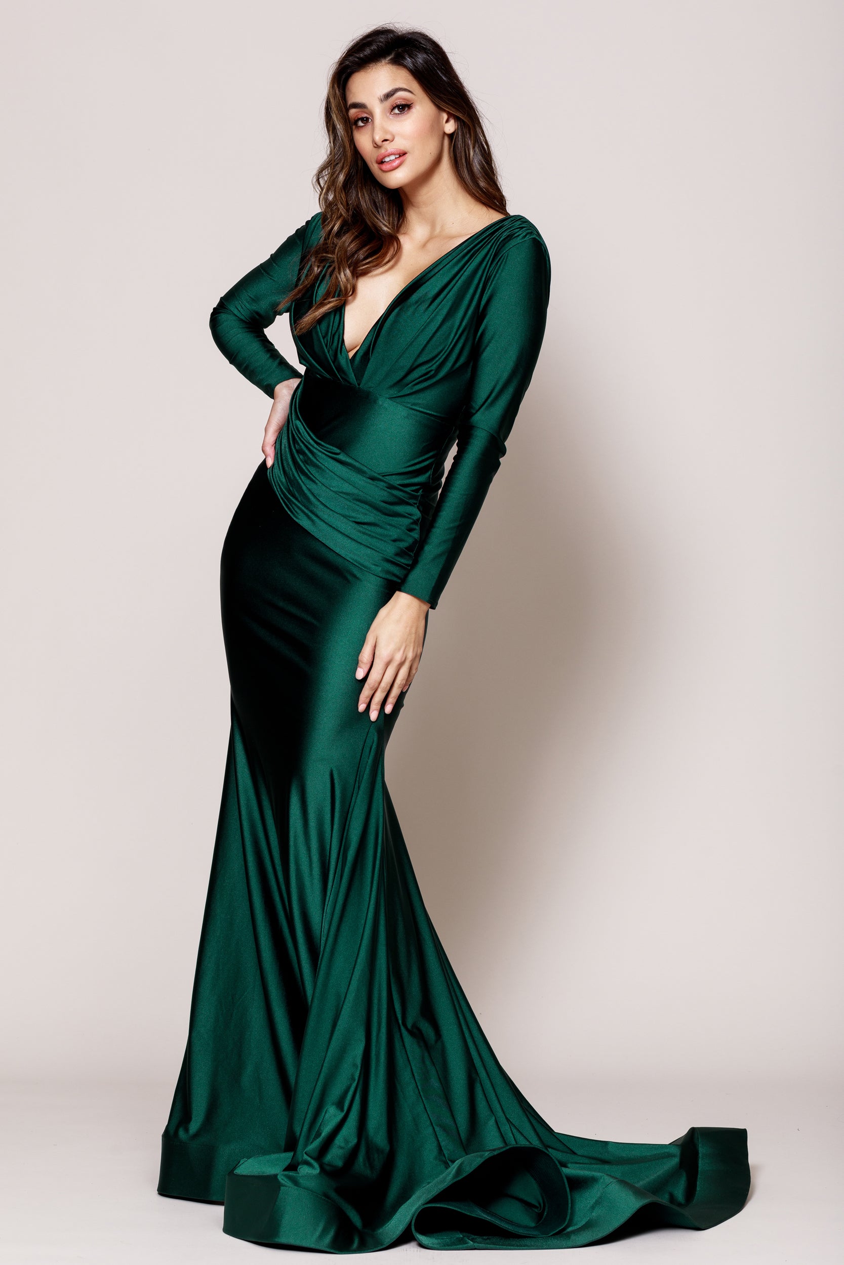 Image of V Neck Rouched Formal Dress With Long Sleeves in Emerald Green