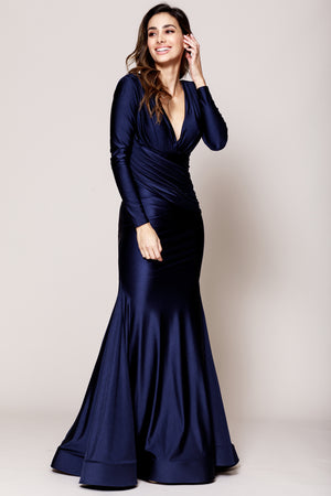 Image of V Neck Rouched Formal Dress With Long Sleeves in Navy