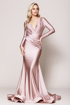 Image of V Neck Rouched Formal Dress With Long Sleeves in Rosy Brown