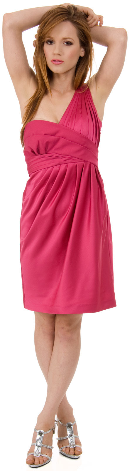 Image of Bridal Satin One Shoulder Cocktail Dress in Fuchsia