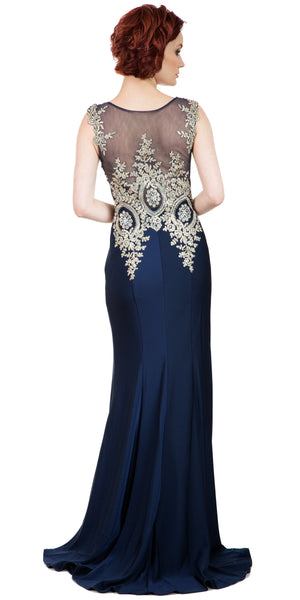 Back image of Boat Neck Fully Embroidered Bodice Long Formal Prom Dress