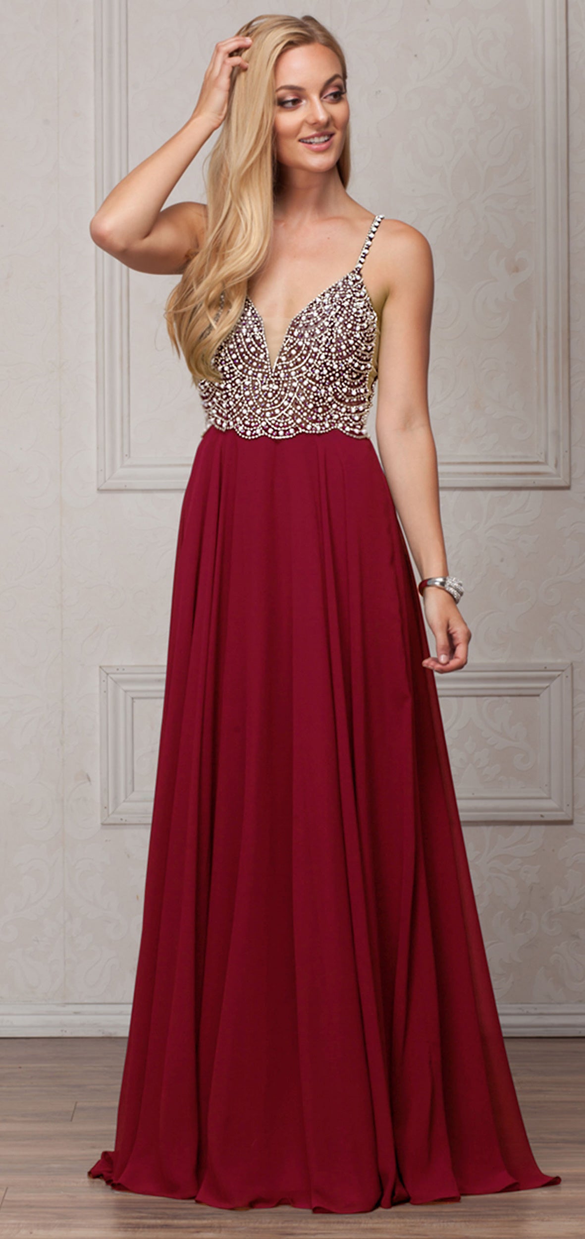 Image of Bejeweled Bodice V-neck Spaghetti Straps Formal Prom Dress in Burgundy