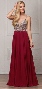 Image of Bejeweled Bodice V-neck Spaghetti Straps Formal Prom Dress in Burgundy