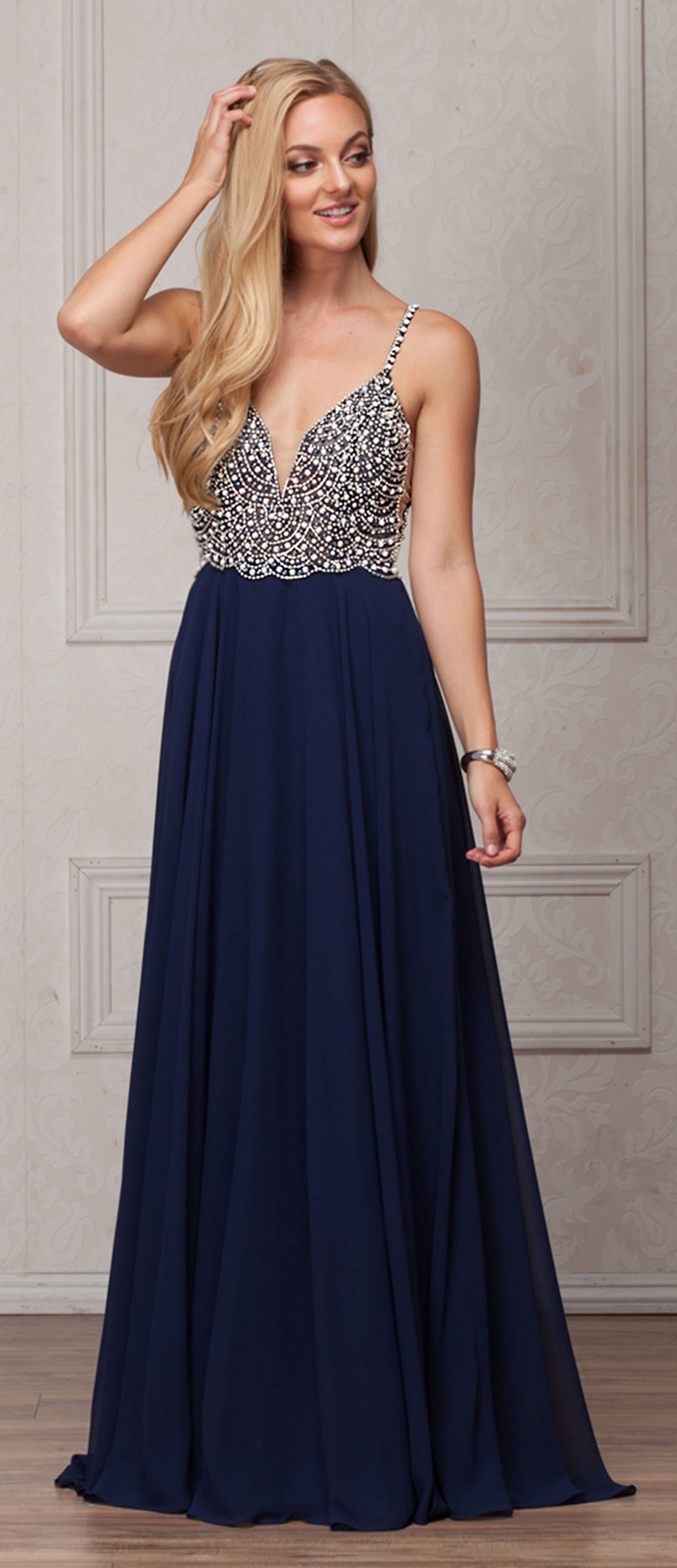 Image of Bejeweled Bodice V-neck Spaghetti Straps Formal Prom Dress in Navy