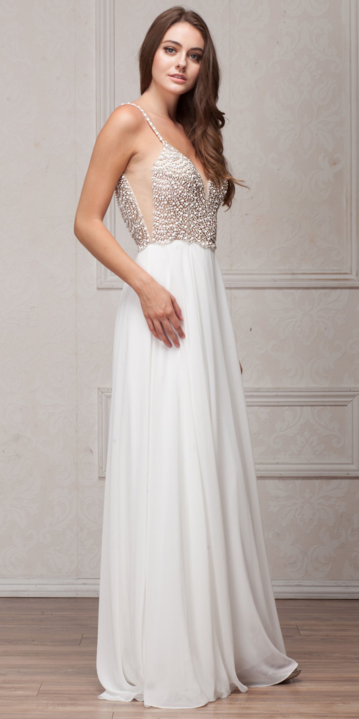 Image of Bejeweled Bodice V-neck Spaghetti Straps Formal Prom Dress in an alternative image
