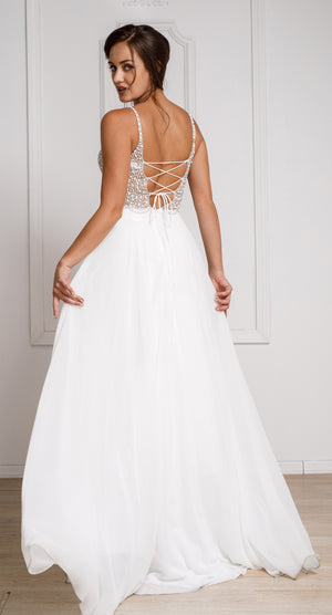 Back image of Bejeweled Bodice V-neck Spaghetti Straps Formal Prom Dress