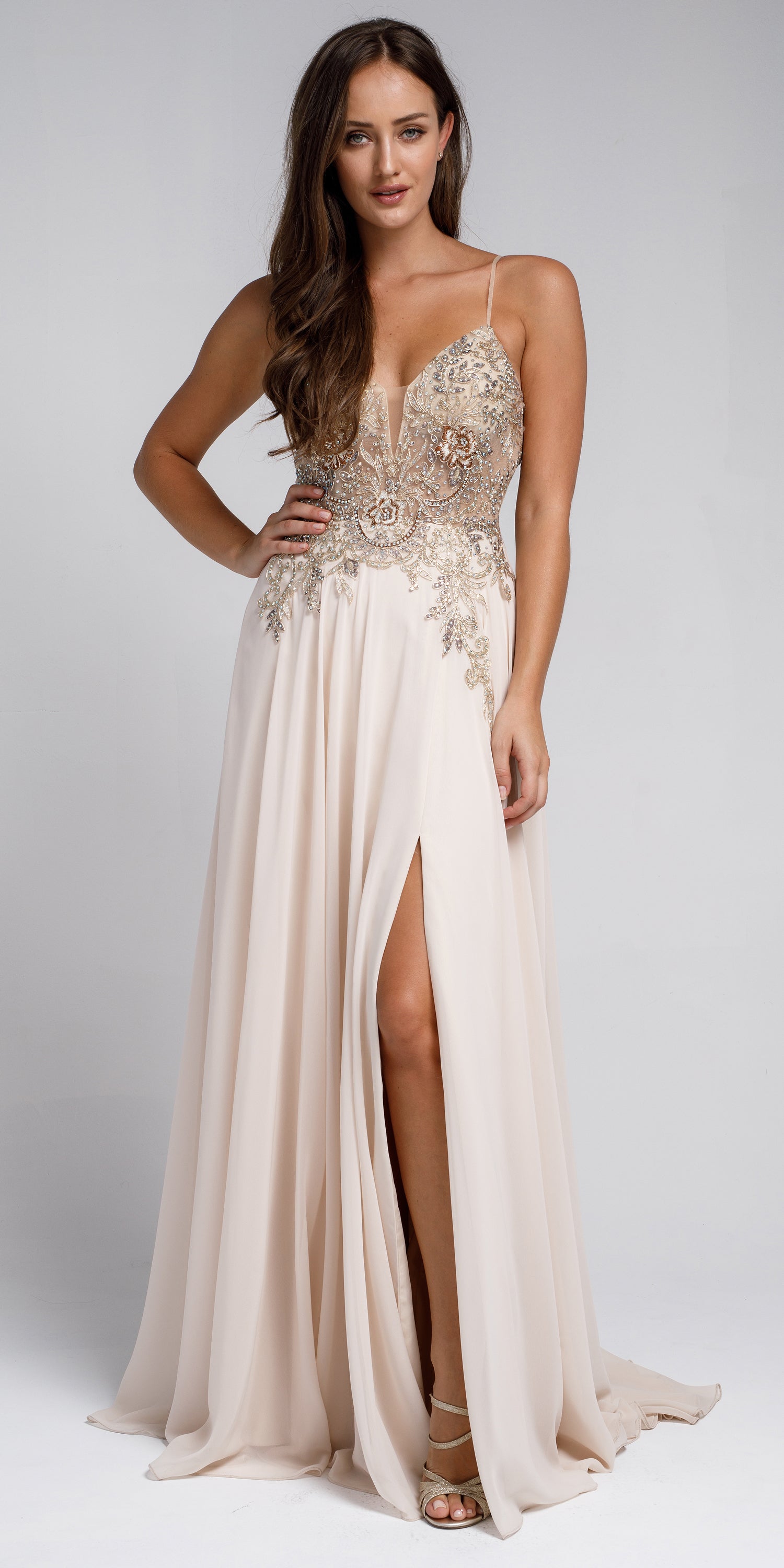Image of Beaded Embellished Spaghetti Prom Dress in Champaign