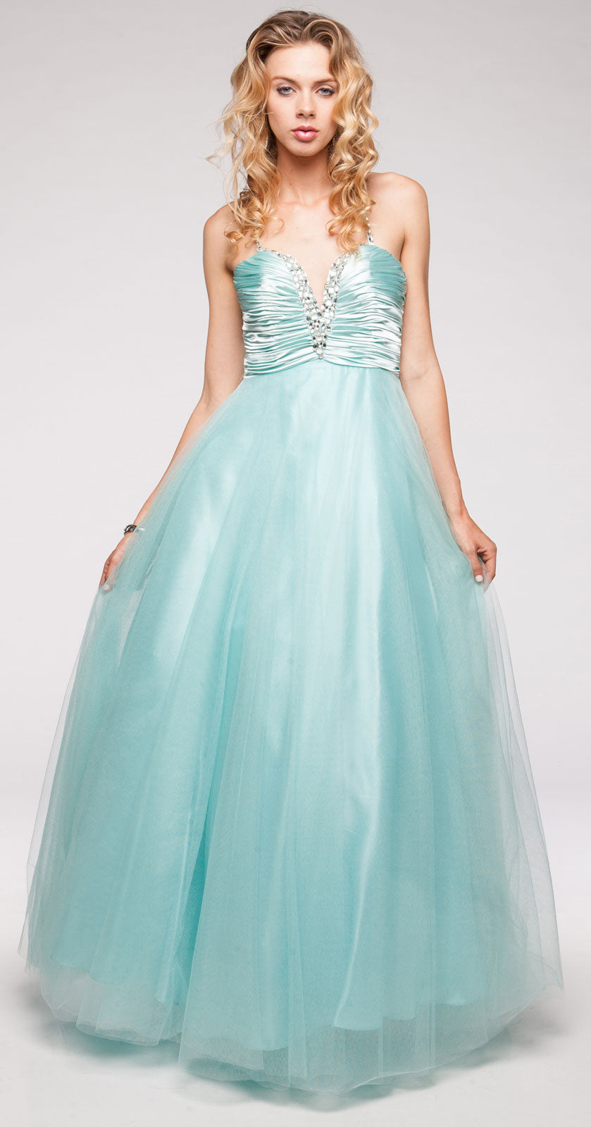 Image of V-neck Satin Bodice Puffy Mesh Skirt Formal Prom Dress in alternative picture