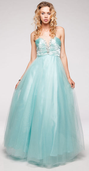 Image of V-neck Satin Bodice Puffy Mesh Skirt Formal Prom Dress in alternative picture