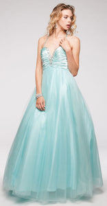 Main image of V-neck Satin Bodice Puffy Mesh Skirt Formal Prom Dress