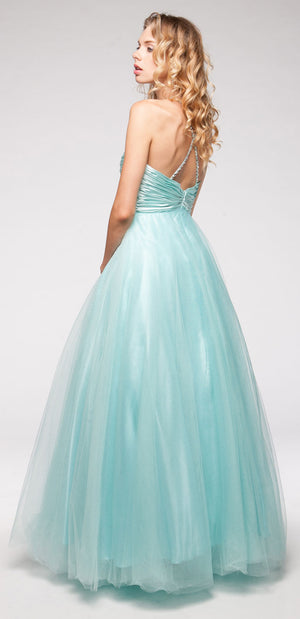 Back image of V-neck Satin Bodice Puffy Mesh Skirt Formal Prom Dress