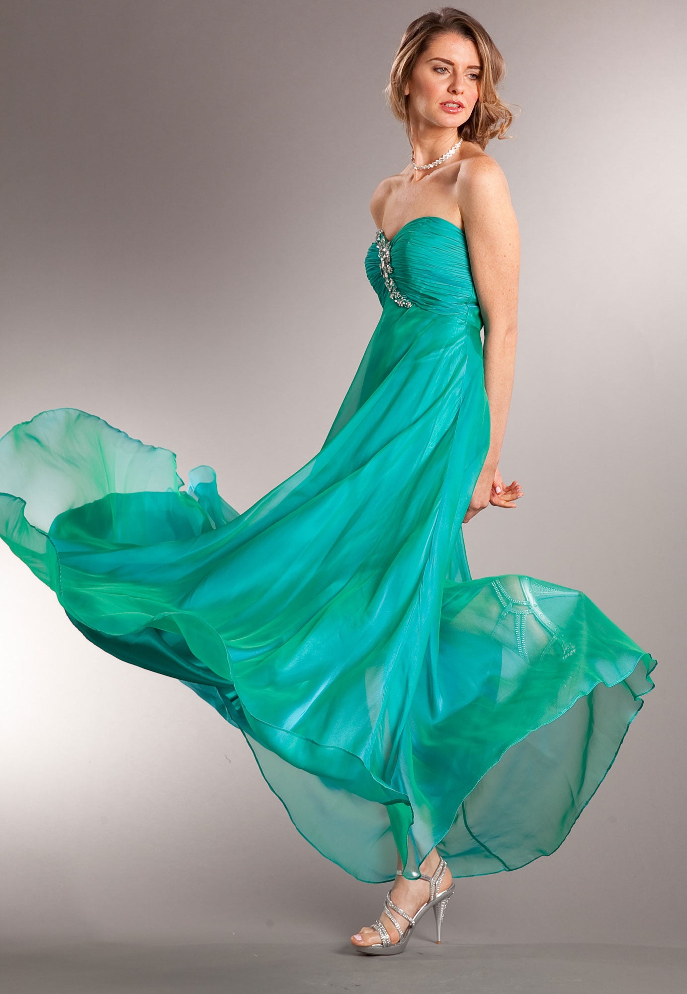 Image of Strapless Shirred Long Formal Prom Dress With Rhinestones in Green