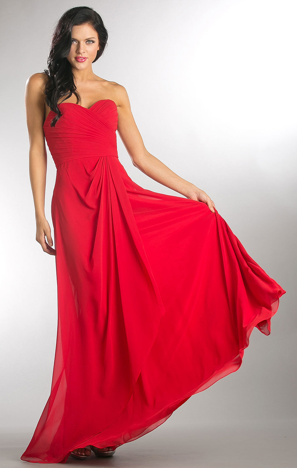 Image of Strapless Pleated Overlap Bust Long Bridesmaid Dress in Red