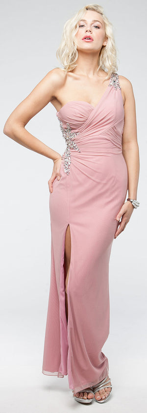 Image of One Shoulder Long Formal Dress With Bejeweled Waist in Rose