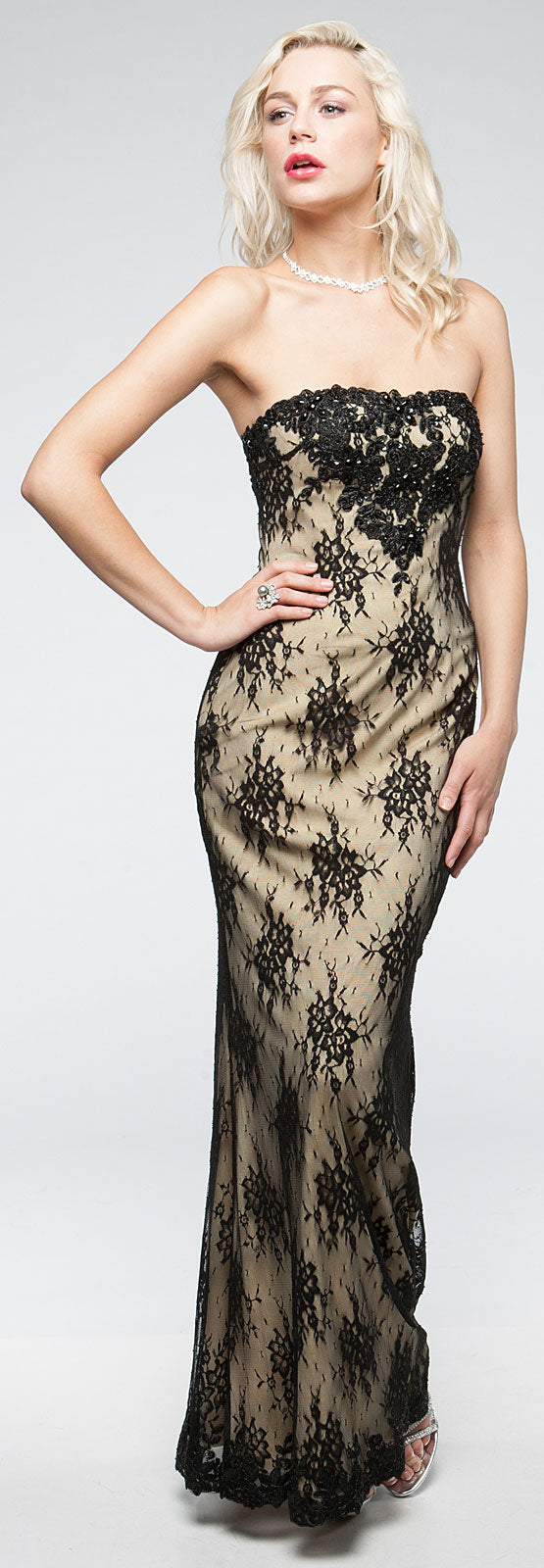 Image of Strapless Floral Mesh Beaded Long Formal Evening Dress  in Black
