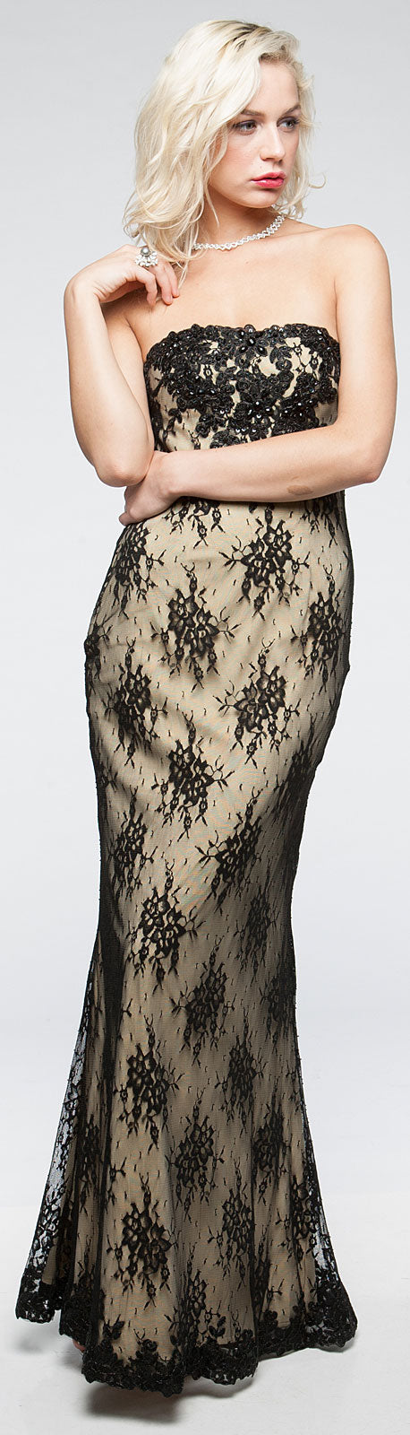 Image of Strapless Floral Mesh Beaded Long Formal Evening Dress  in alternative picture