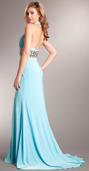 Back image of Halter Neck Full Length Formal Prom Gown With Front Slit