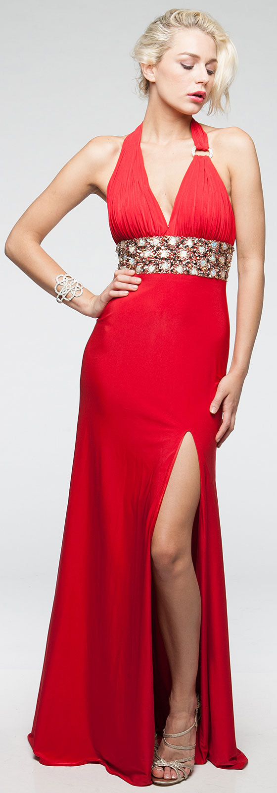 Image of Halter Neck Full Length Formal Prom Gown With Front Slit in Red