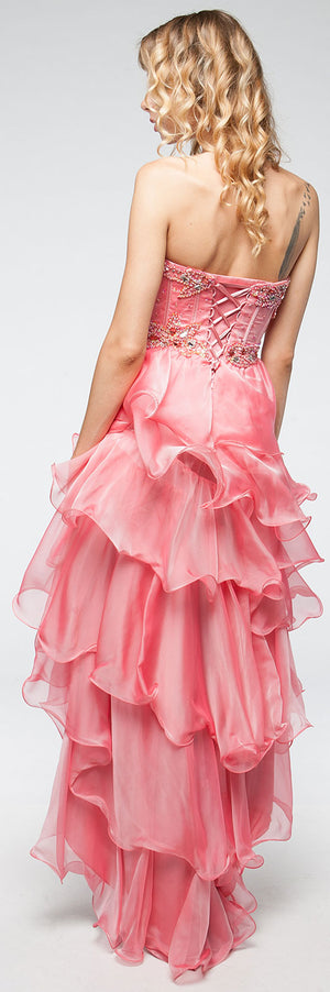 Image of Strapless High-low Cocktail Prom Dress With Ruffled Skirt back in Coral
